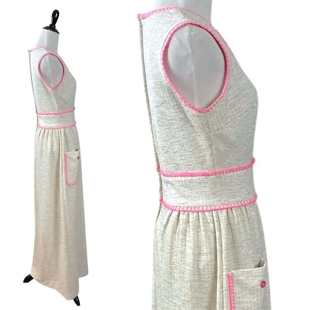 Vintage 60s 70s Shady Lane Sleeveless Cream Maxi Dress Spring Mod USA Size Small - Picture 5 of 12